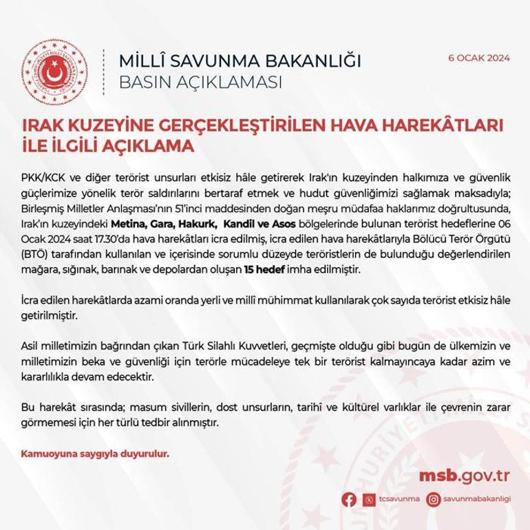 MSB'den Irak'ın kuzeyine operasyon! 15 hedef imha edildi