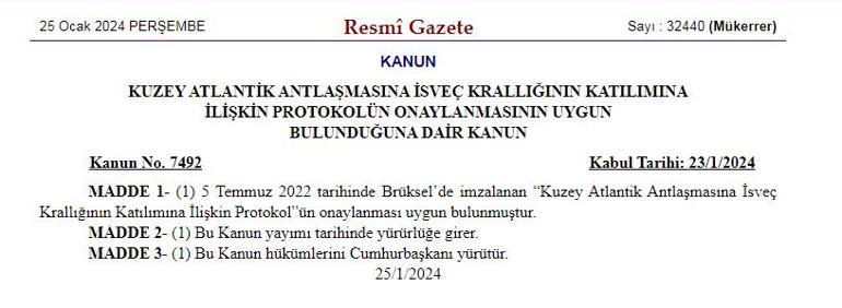 Son dakika: İsveç'in NATO onayı Resmi Gazete'de