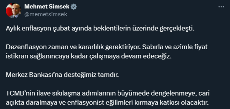 Bakan Şimşek'ten enflasyon açıklaması: Merkez Bankası'na desteğimiz tamdır